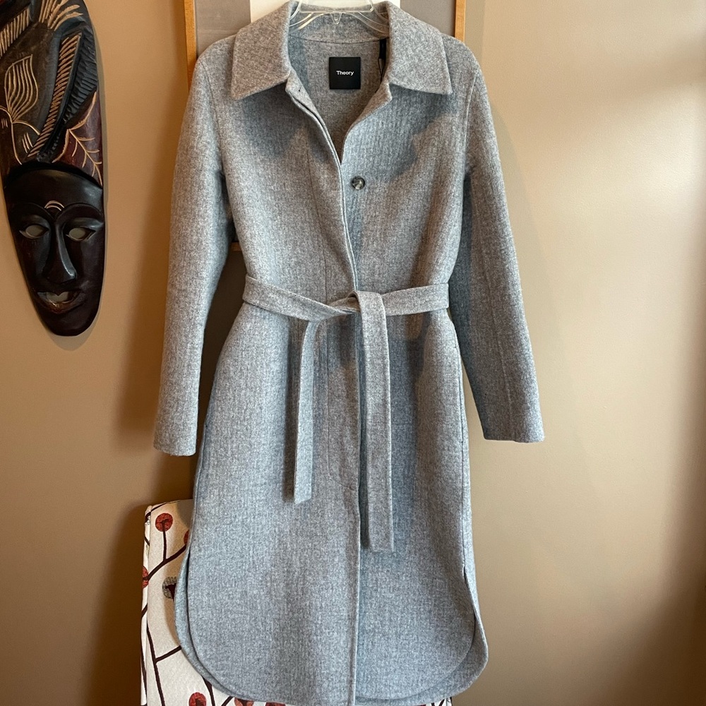 NWT Theory Womens Long Grey Wool and Cashmere Shirttail Belted Coat, size XS